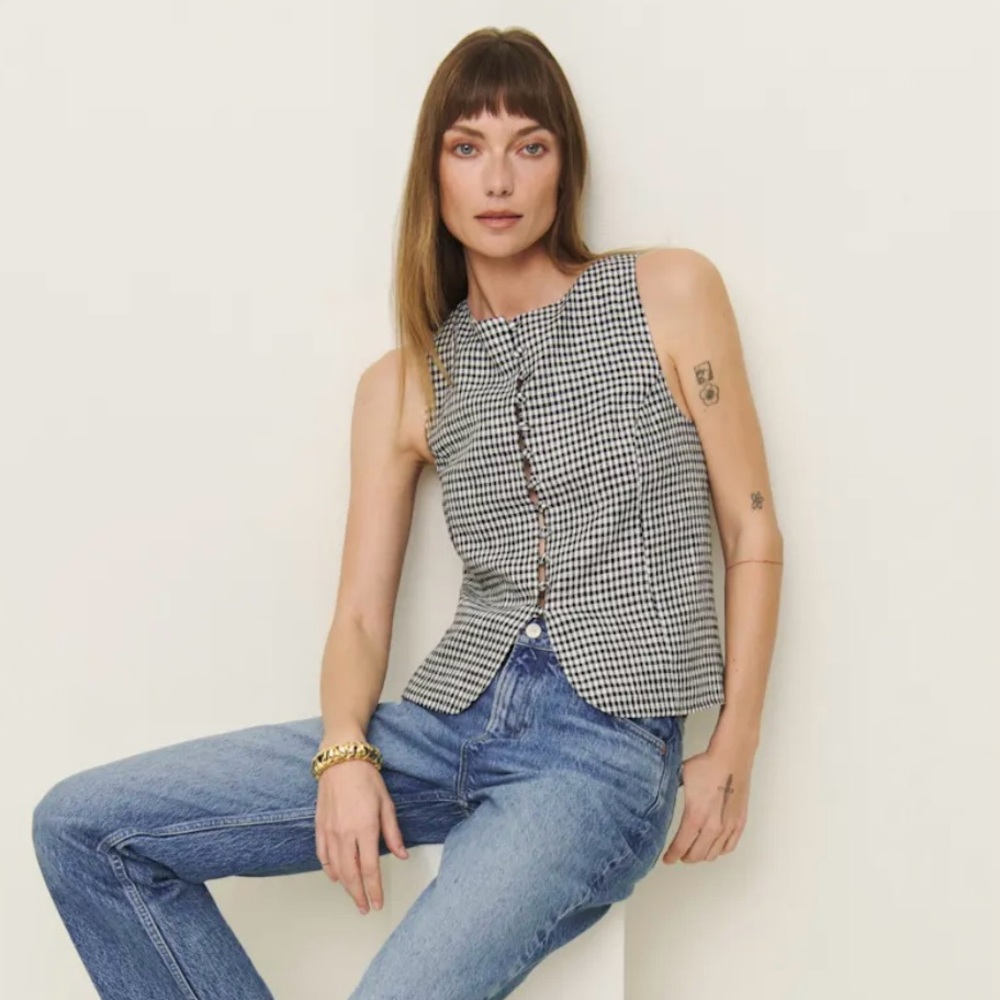 Reformation Addison Linen Top in Remy Check - Picture 2 of 7